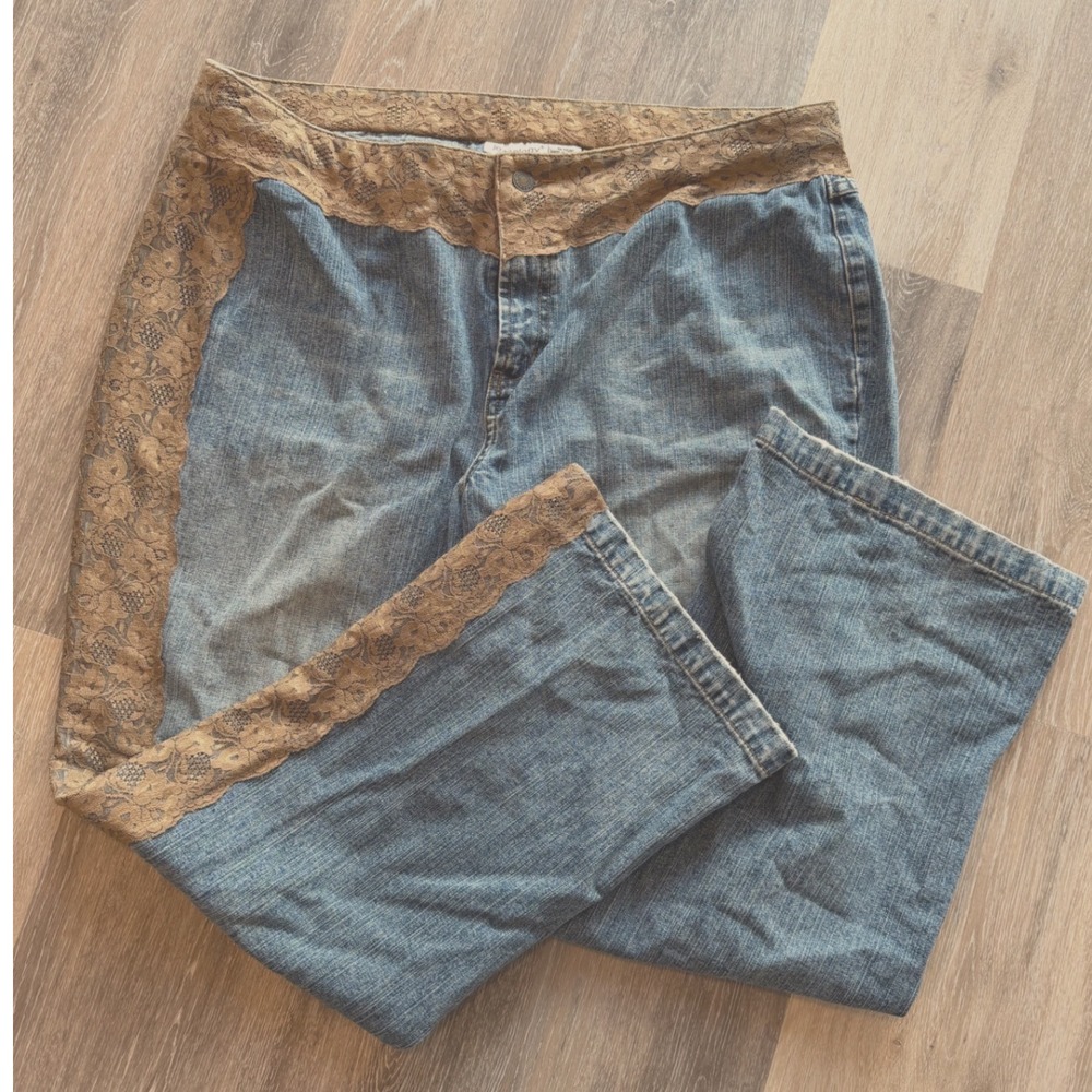 Jeanology Vintage 90s Y2k Denim and Brown Lace Trim Jeans Plus Size 20